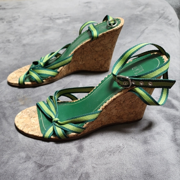 Gap Green Strappy Wedge Sandals with Cork Heels, Ankle Strap, Island Vacation, 7 - Picture 3 of 5